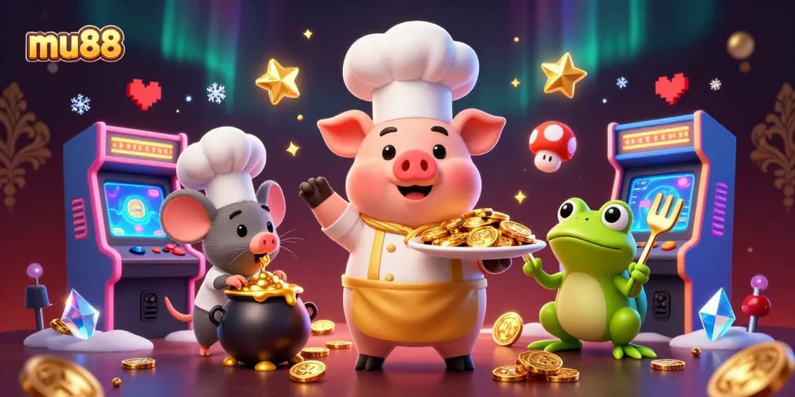 Experience the thrilling games at mu88, featuring golden coins and cartoon characters in a vibrant casino setting.