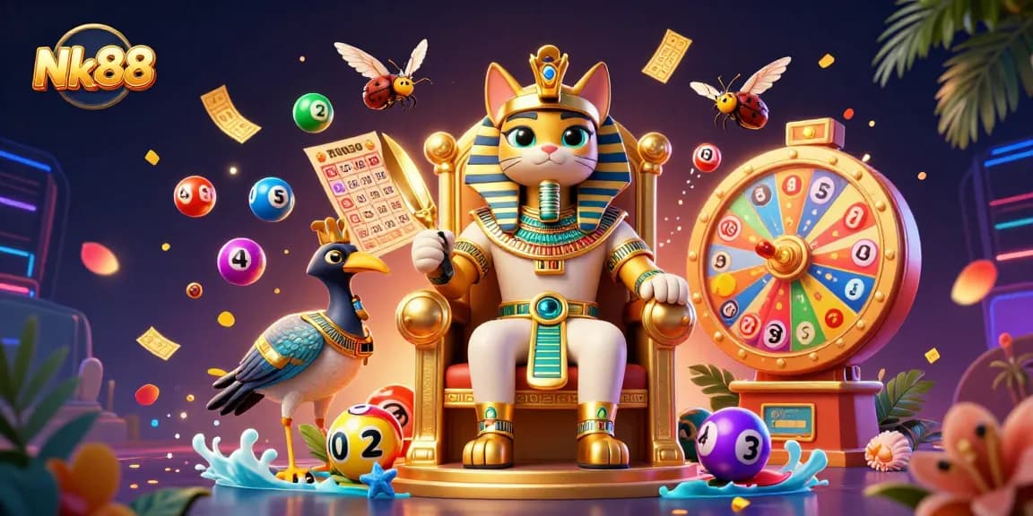 Nk88 features a vibrant casino scene with an Egyptian pharaoh cat, lively game elements, and dynamic lottery balls.