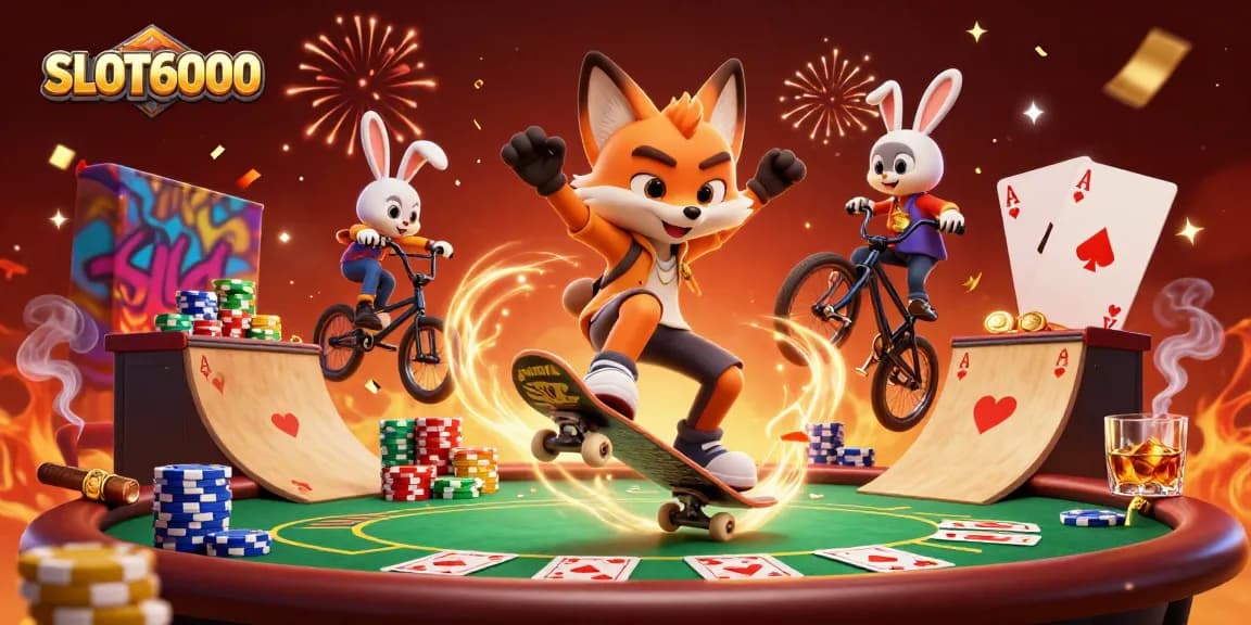 SLOT6000 showcases a vibrant casino scene with a skateboarder fox and BMX rabbit performing tricks over poker chips.