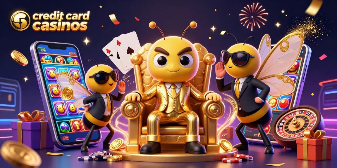 Experience excitement at credit card casinos with a lively 3D scene of game elements and characters.