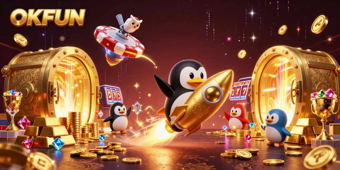 Experience thrilling wins at OKFUN in this vibrant 3D casino adventure illustration.