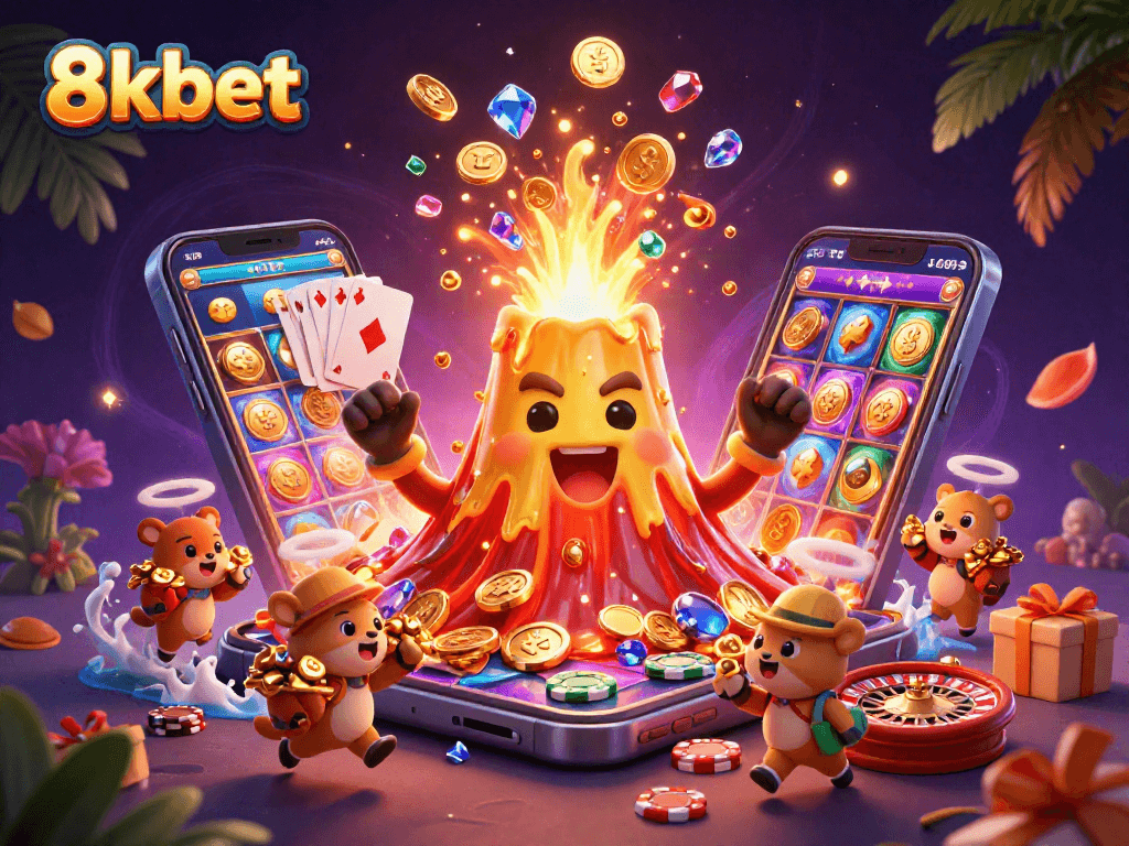 Experience thrilling gameplay at 8kbet with a vibrant 3D casino scene bursting with treasure.