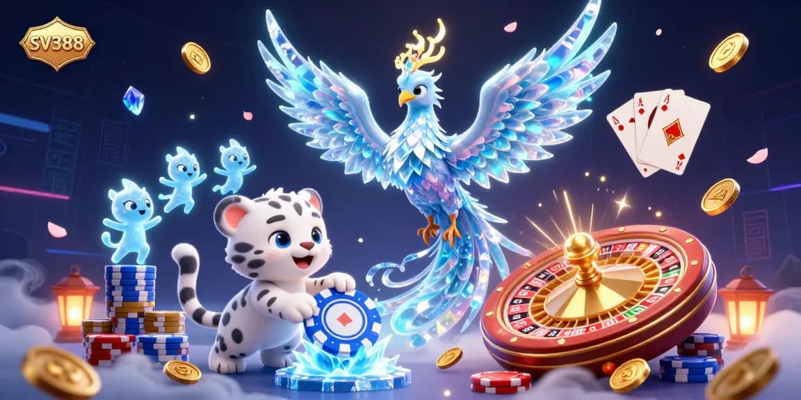 Engage with SV388's exciting live betting scene featuring an ice phoenix, vibrant chips, and a thrilling roulette wheel.