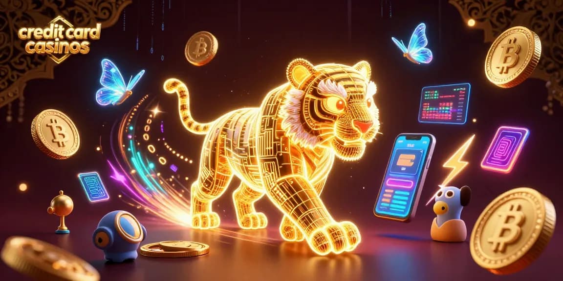Engage at credit card casinos with a 3D golden tiger and holographic elements in an electrifying casino scene.