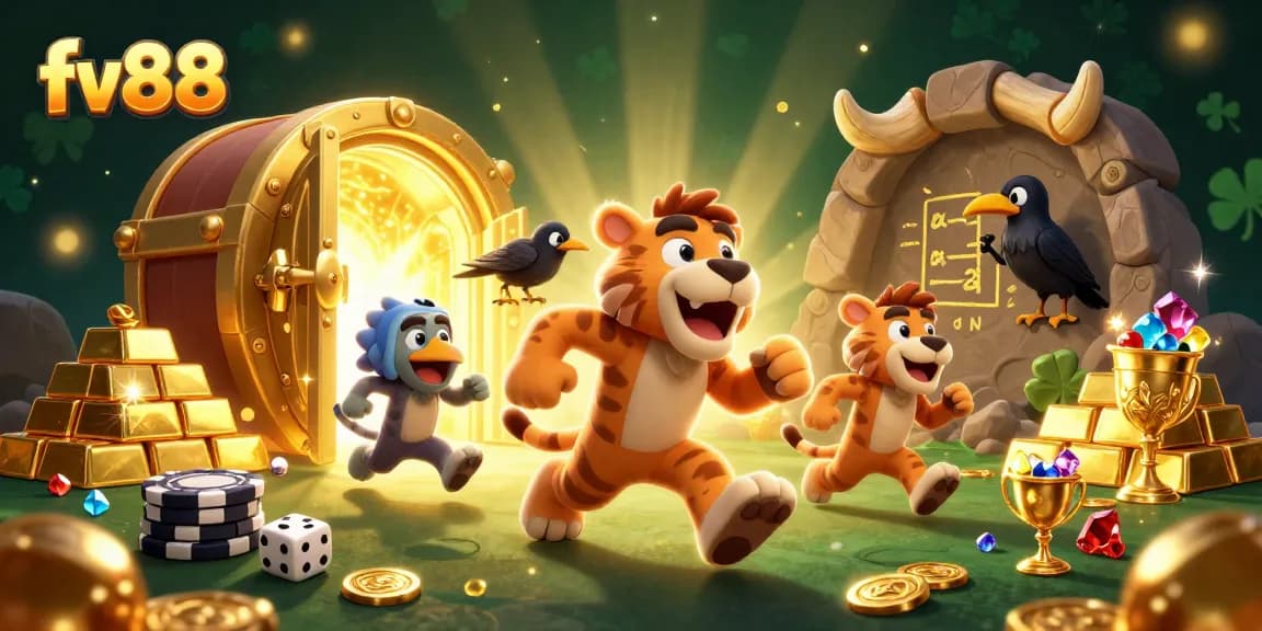 Experience the thrill of gaming with fv88, featuring a prehistoric casino scene with treasure and vibrant characters.
