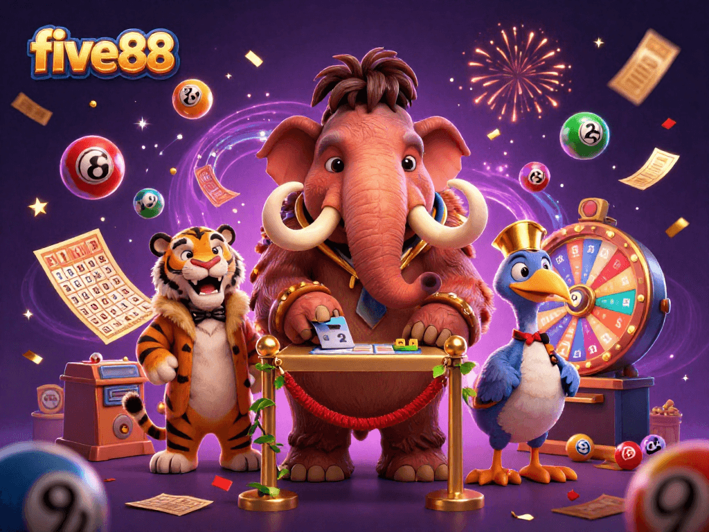Experience excitement at five88 with vibrant lottery elements and unique characters welcoming players.