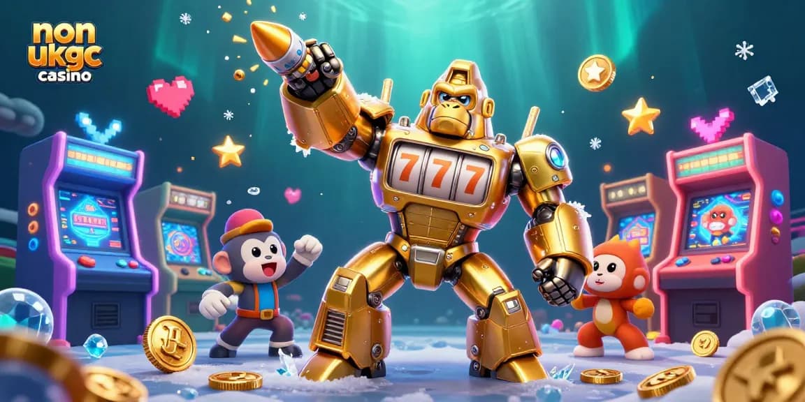 Experience thrilling action at a non ukgc casino with a dynamic 3D gorilla mech showcasing exciting slot features and gaming elements.