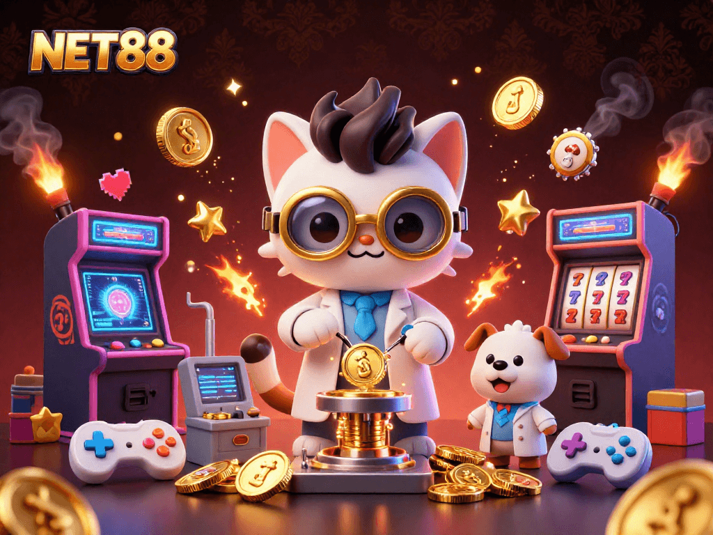 NET88 showcases a lively 3D scene of a mad scientist cat and assistant dog creating a gold-coin machine amidst vibrant casino elements.