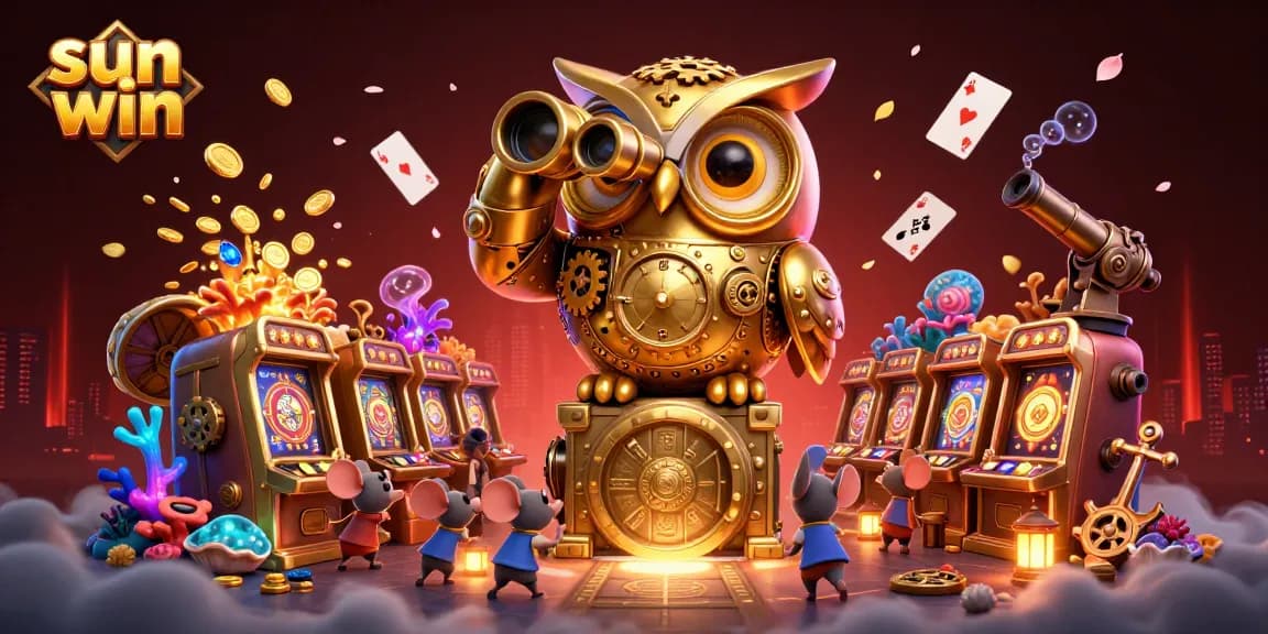 Experience high stakes at sun win with a golden owl observing dynamic gameplay in a vibrant casino.