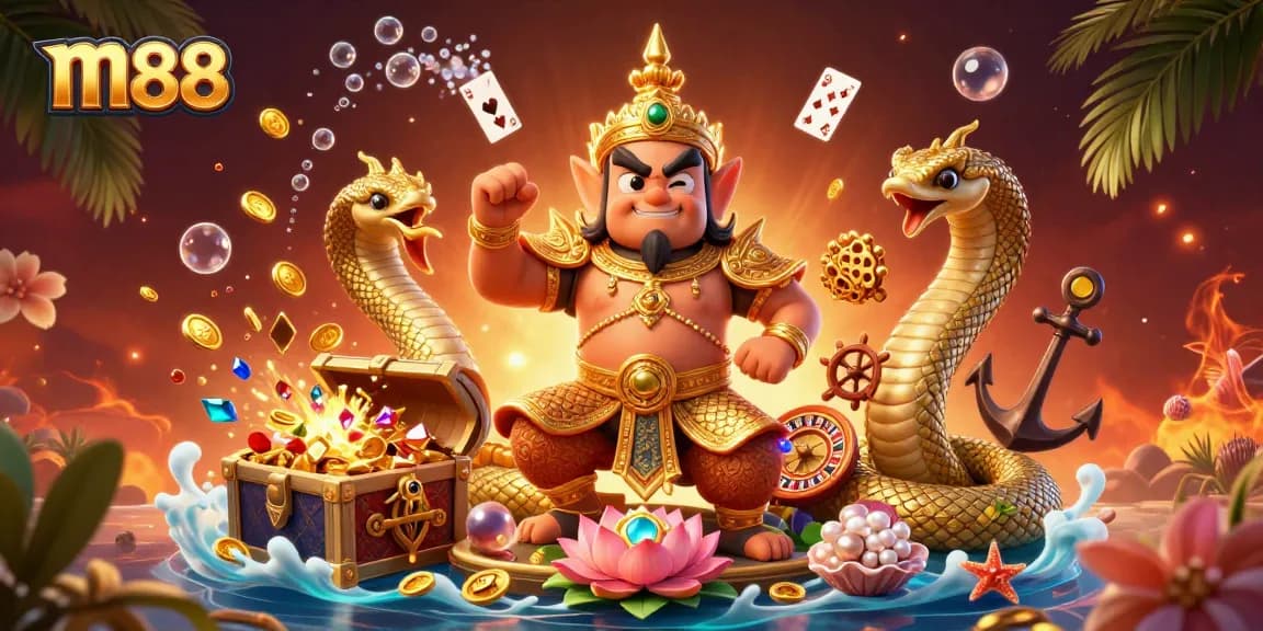 Bet big with m88 as vibrant casino elements blend with enchanting Thai characters in a lively gaming scene