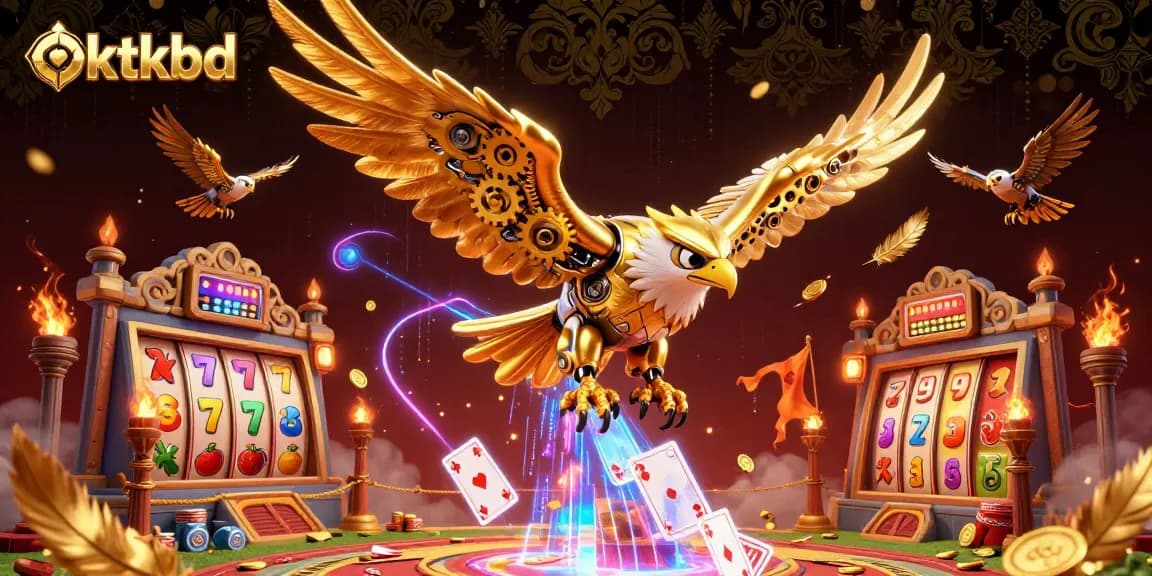 Experience the excitement of oktkbd with a cybernetic golden eagle soaring through vivid slot game elements.