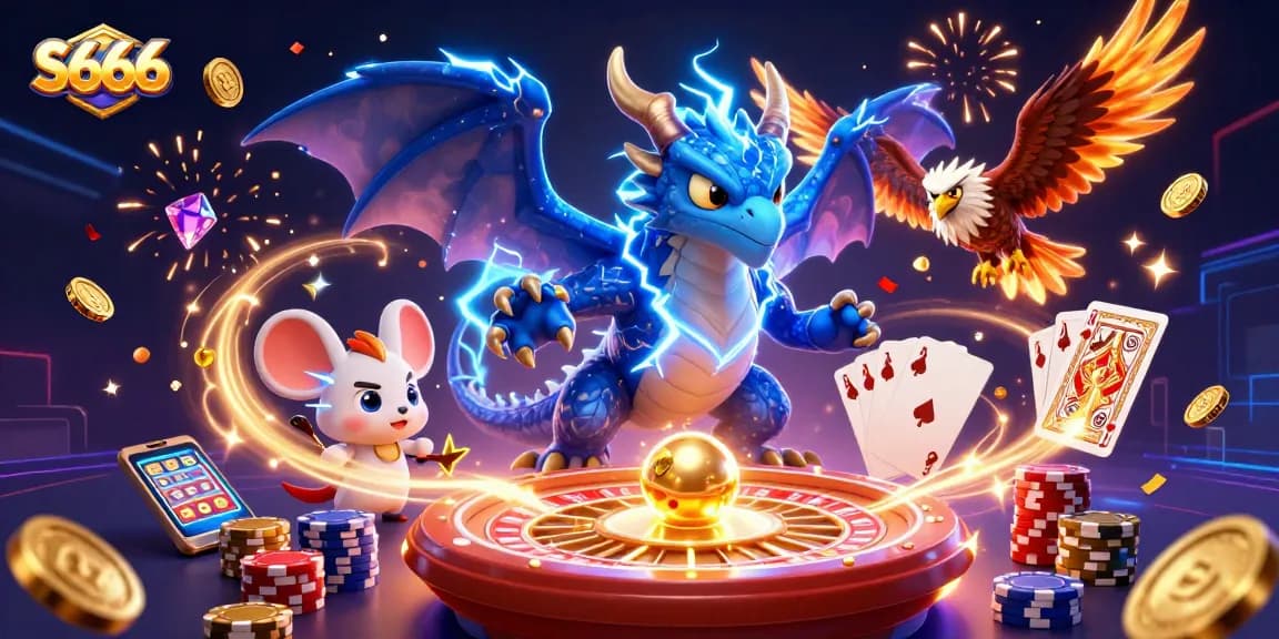 S666 showcases a dynamic 3D illustration of a thunder dragon and hawk with casino elements for an exciting gaming experience.