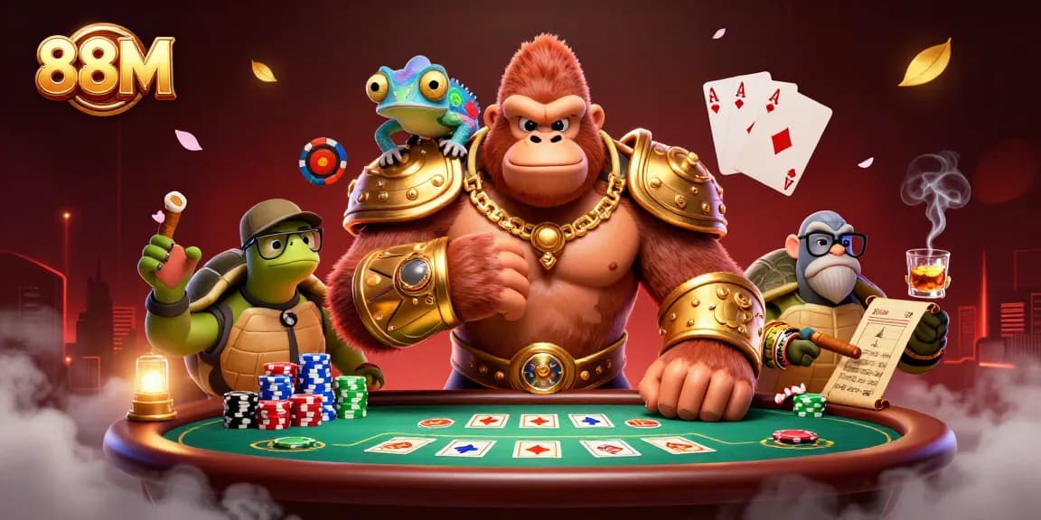 Experience the thrill of 88M as a cartoon gorilla king and his companions dominate a vibrant casino scene.
