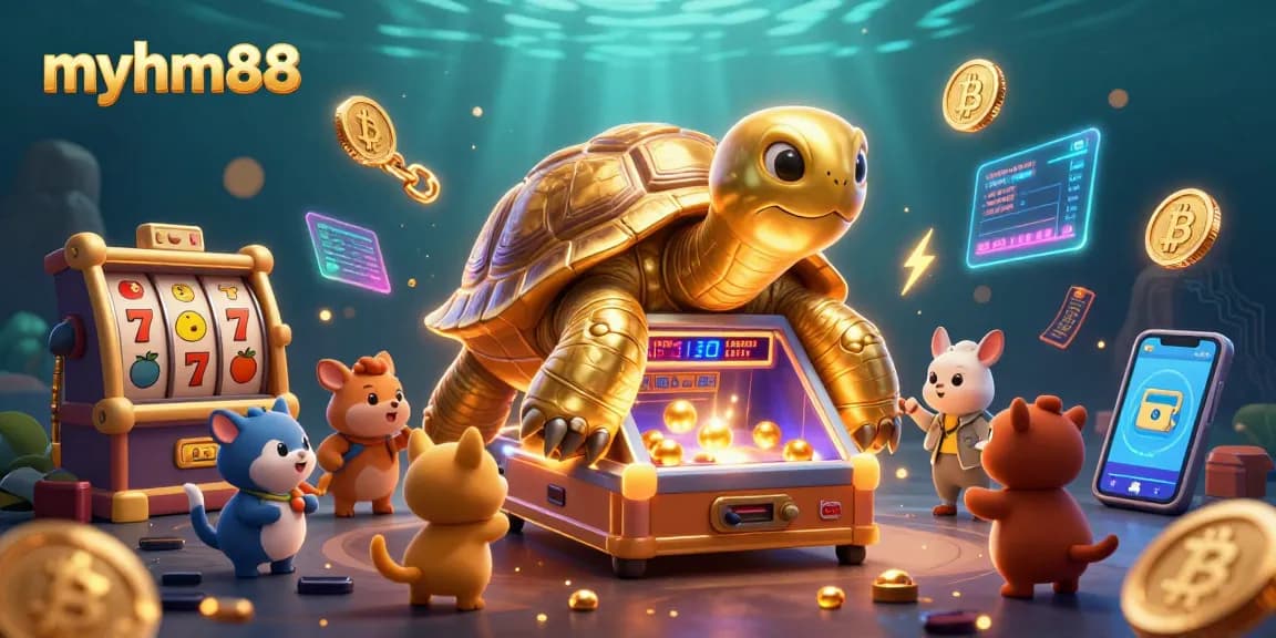 Play exciting slot games at myhm88 with vibrant characters and glowing crypto elements.