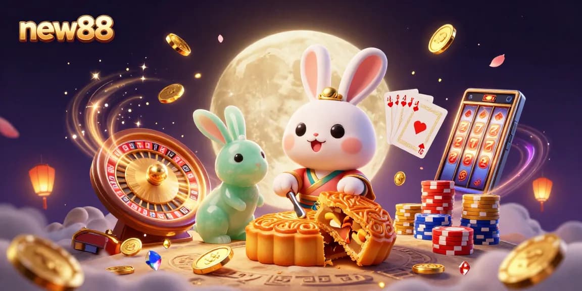 Experience exciting wins at new88 with a dynamic 3D scene showcasing casino-themed characters and elements.