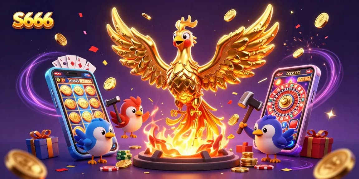 S666 jackpots soar as the phoenix unleashes golden coins amidst an exciting casino backdrop.
