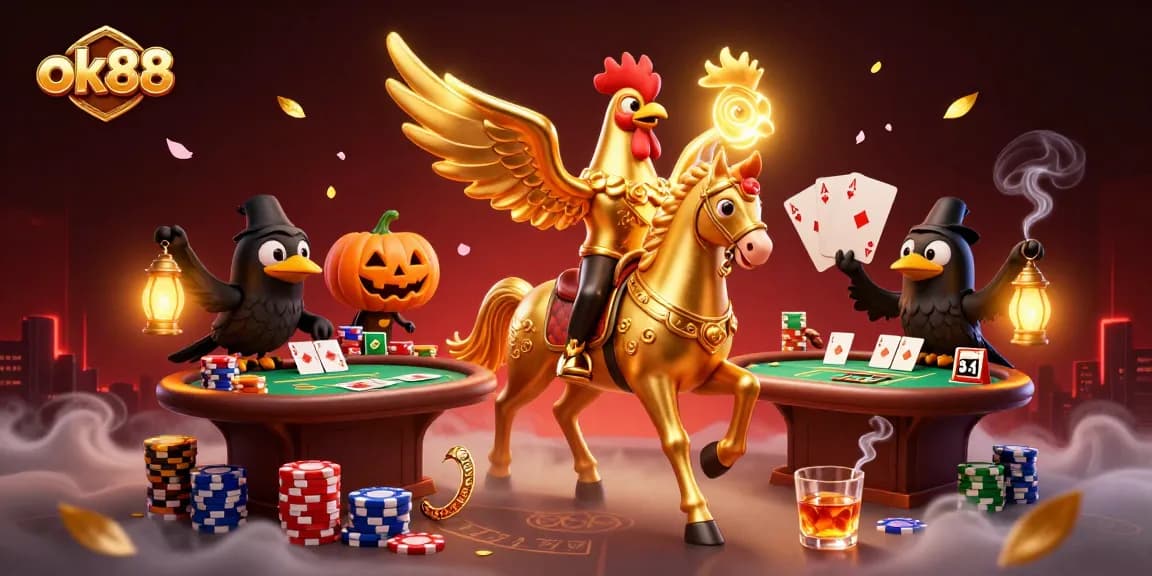 Players navigate the vibrant ok88 casino, strategizing around poker tables filled with colorful chips.