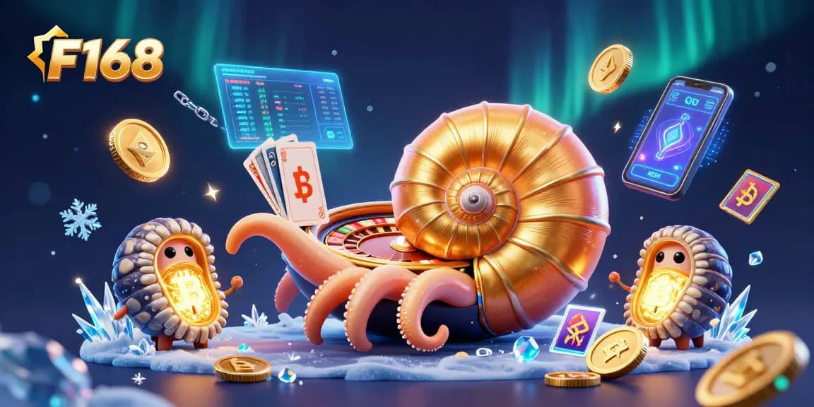 Experience thrilling games at F168 with a whimsical nautilus roulette and crypto coins in a magical setting.