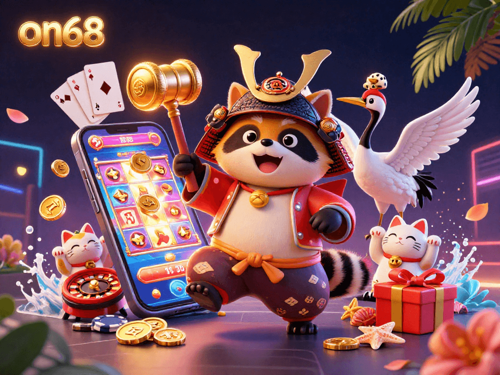 Enjoy casino fun with on68's colorful characters and slots in a vibrant 3D illustration.