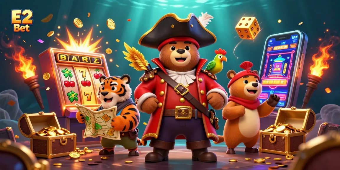 Spin the reels with E2 Bet at an exciting online casino featuring vibrant characters and thrilling game elements.