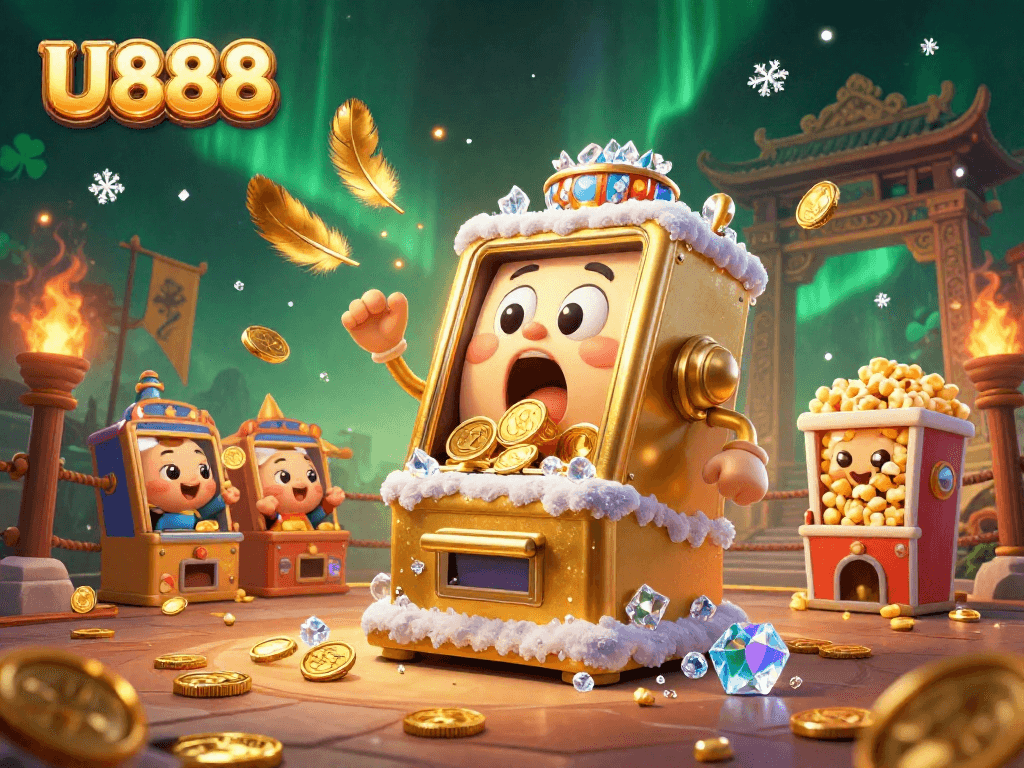 Witness U888's triumphant jackpot moment as cheerful slot machines celebrate in a vibrant casino scene.