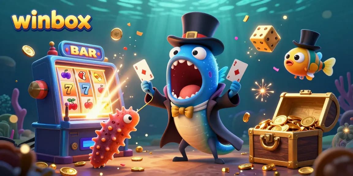 Winbox games come alive with a magical scene featuring an eel performing tricks and jackpots bursting, inviting players.