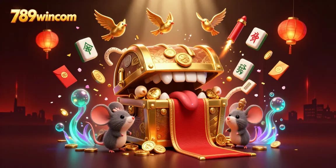 Play and win big with 789wincom in this vibrant casino-themed illustration showcasing treasure and excitement.