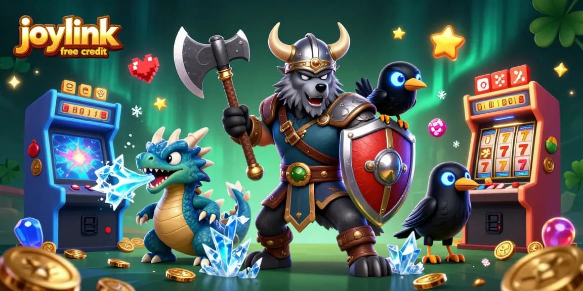 Engage with joylink free credit through a dynamic illustrated scene of gaming excitement.
