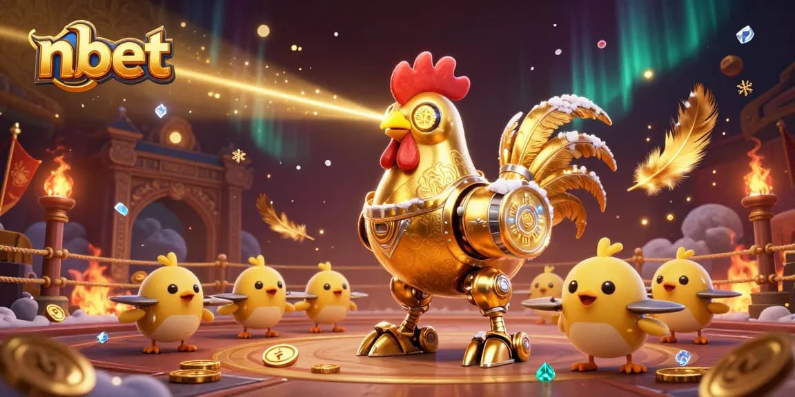 Engage with the exciting n bet casino experience featuring a golden rooster robot and chick drones.