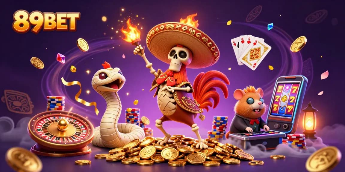 Experience the excitement of 89BET with a vibrant casino-themed illustration featuring dynamic characters and game elements.