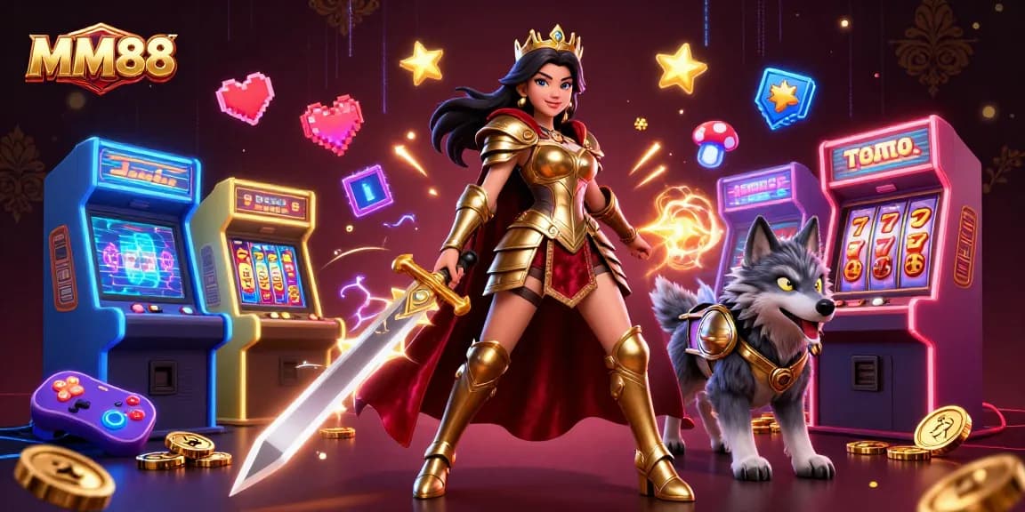 Engage with MM88's vibrant casino world featuring a warrior queen and armored wolf amidst glowing slots.
