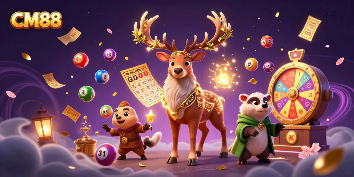 Engage with CM88's vibrant gameplay featuring a druid stag, badger, and lottery elements in an enchanting casino scene.