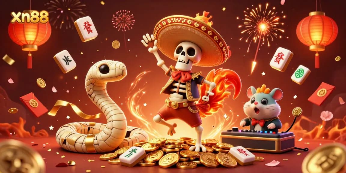 Experience the excitement at xn88 with a vibrant 3D illustration featuring a mariachi rooster, mummy snake, and zombie DJ celebrating amidst floating casino elements.