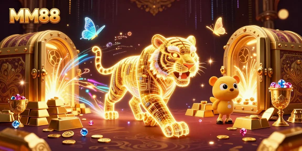 Experience MM88's vibrant digital casino with a luminous golden tiger amidst treasures and holographic butterflies.