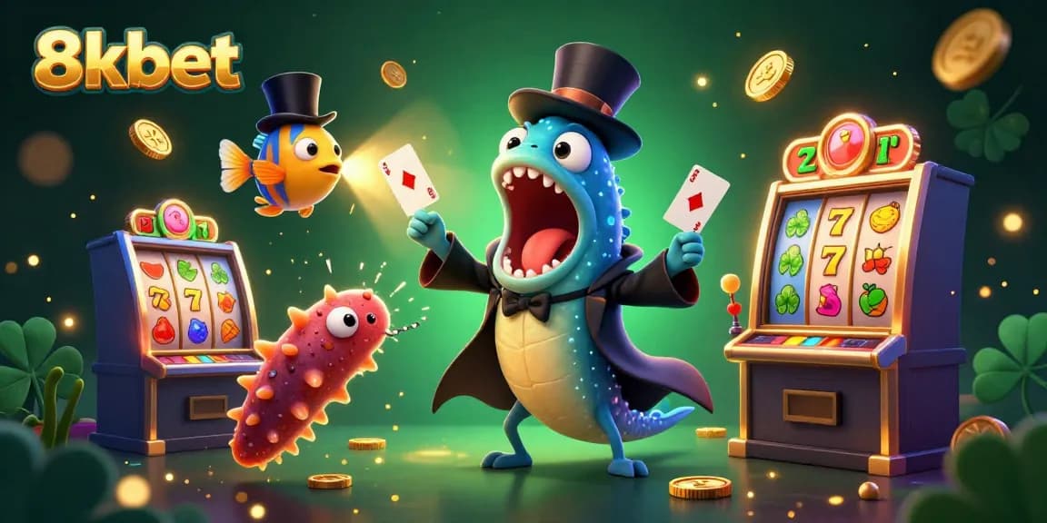 Engage in thrilling slot games at 8kbet with vibrant characters performing magic tricks and dynamic casino elements.