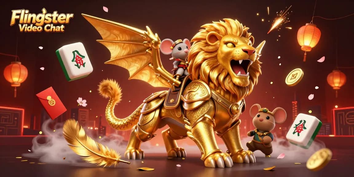 Interact in Flingster Video Chat with a roaring chimera, floating tiles, and vibrant lanterns.