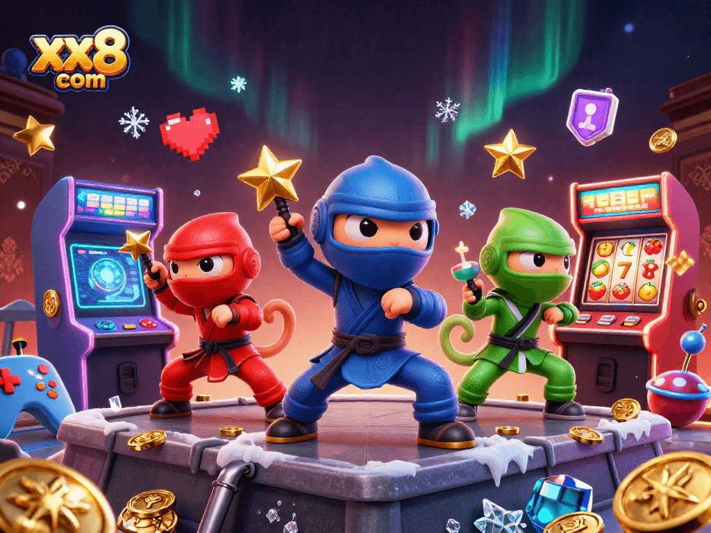 Engage with xx8 com's vibrant 3D illustration showcasing a ninja chameleon team amid casino slots.