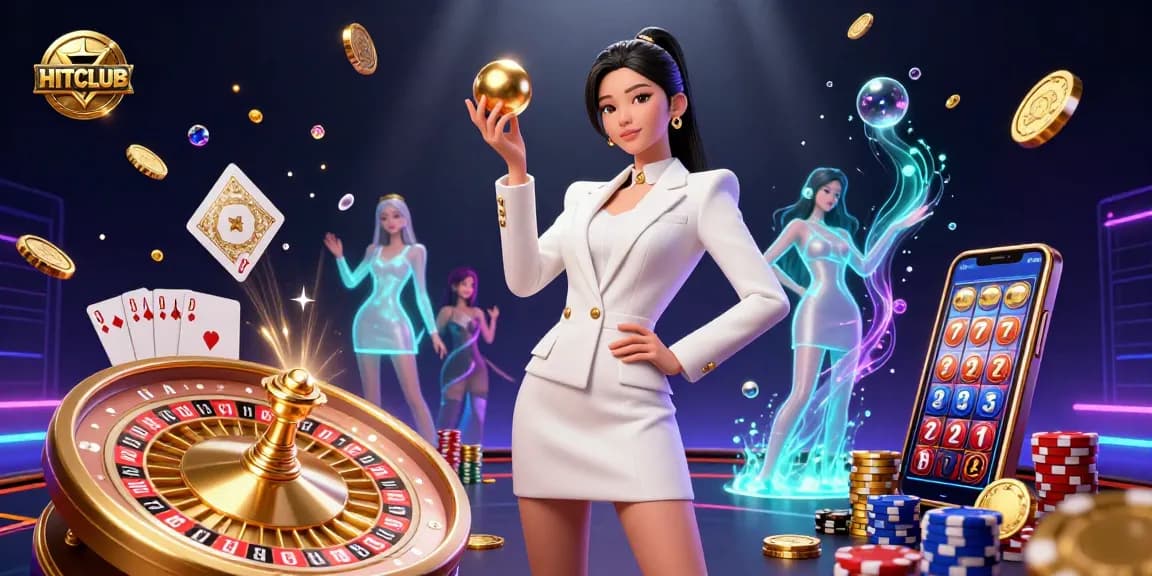 Experience excitement at HITCLUB with a stunning casino illustration showcasing thrilling games and glamorous elements.