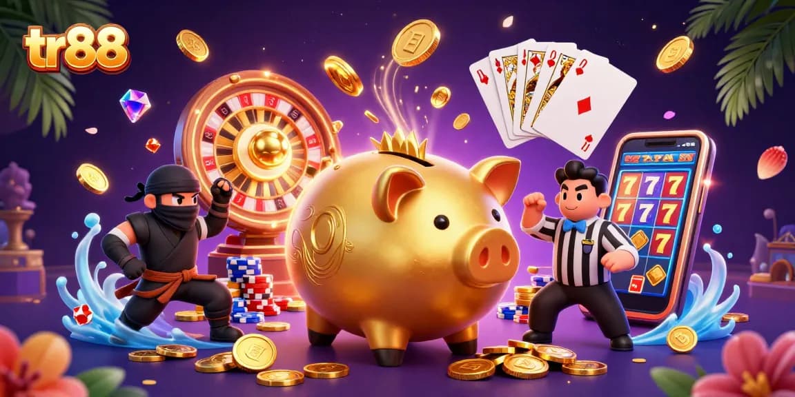 Engage in thrilling casino action with tr88's vibrant illustration showcasing a piggy bank sumo wrestler amidst dynamic game elements.