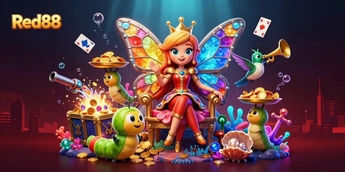 Experience the vibrant energy of Red88 casino with a stunning 3D digital art scene showcasing rich gaming elements.
