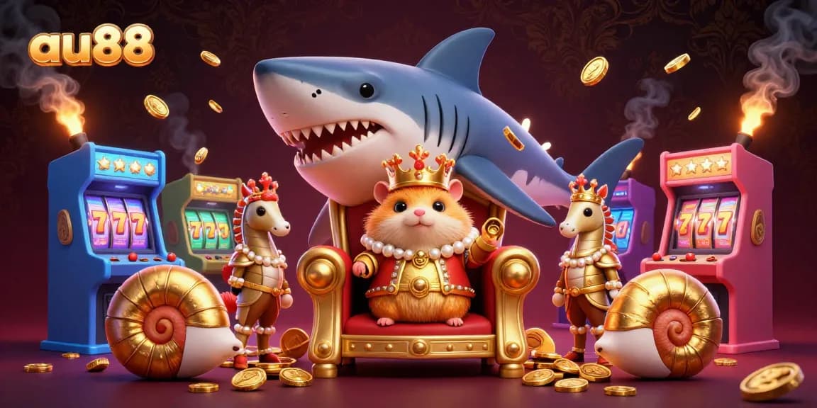Experience the thrill at au88 with golden hamster king and exciting slot games in this vibrant 3D scene.