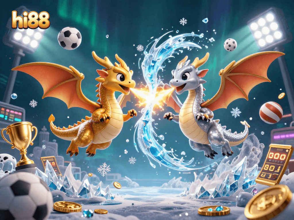 Experience dynamic gameplay with hi88 as twin dragons battle in an exciting sports-themed illustration.