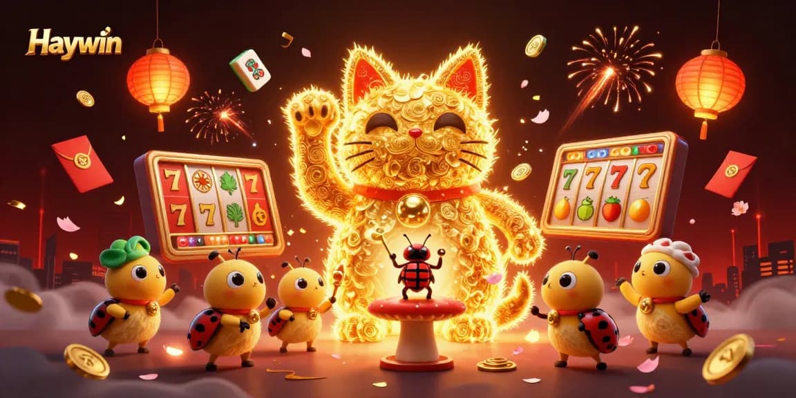 Experience the thrilling casino fun with Haywin's lucky cat and vibrant game symbols.