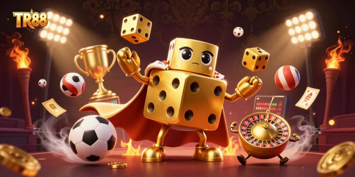 Experience vibrant gaming excitement at TR88 with a 3D cartoon illustration of a dice golem and sports elements.