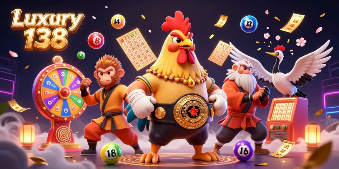Engage with Luxury 138's dynamic gaming scene featuring vibrant lottery elements and skilled characters.