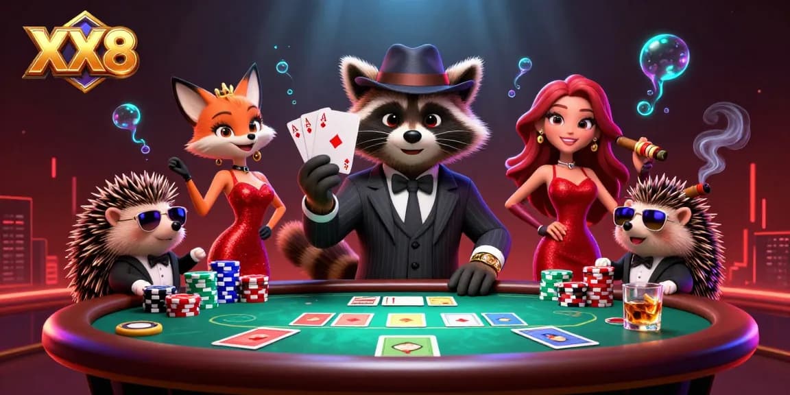 Engage in thrilling poker action at XX8 with raccoon in a suit, fox in sequins, and hedgehog bouncer.