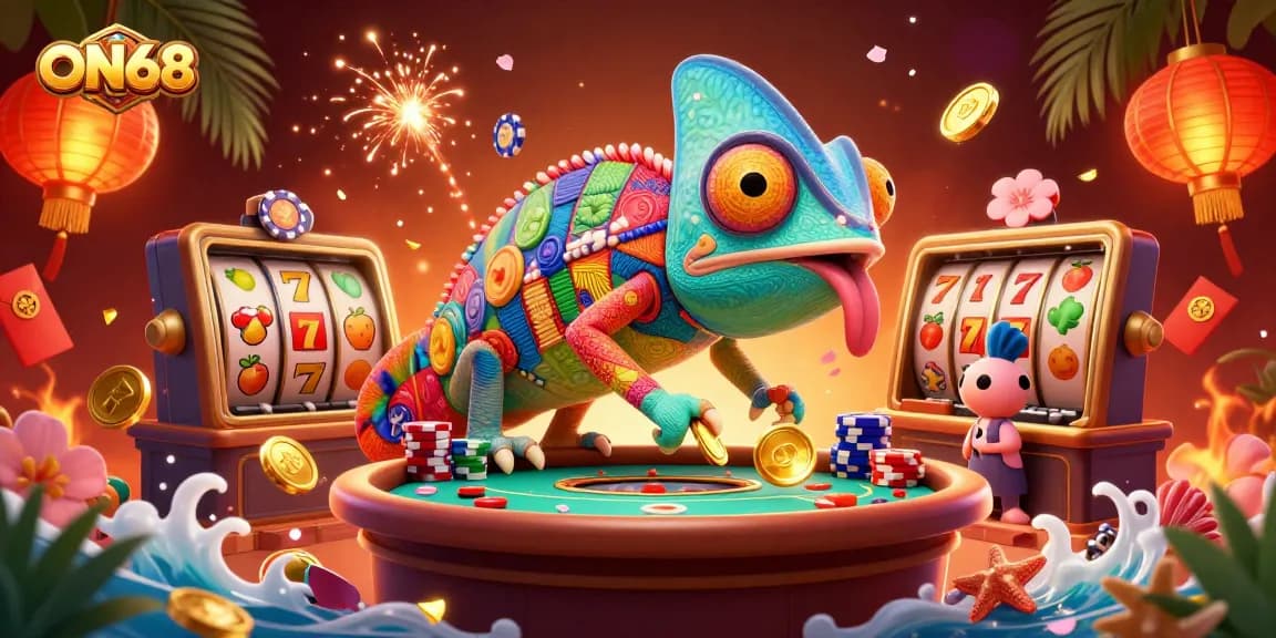 Join the excitement at ON68, where the chameleon owner captures golden coins and casino action.