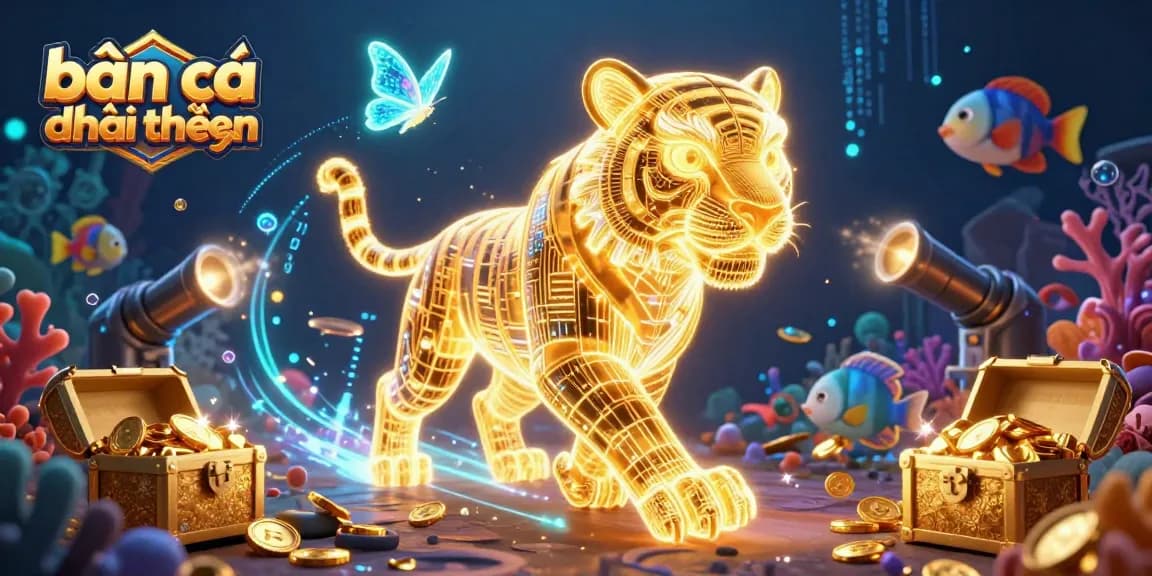 Engaging bắn cá đổi thưởng scene featuring a golden tiger and vibrant fish cannon with treasure in a digital ocean.