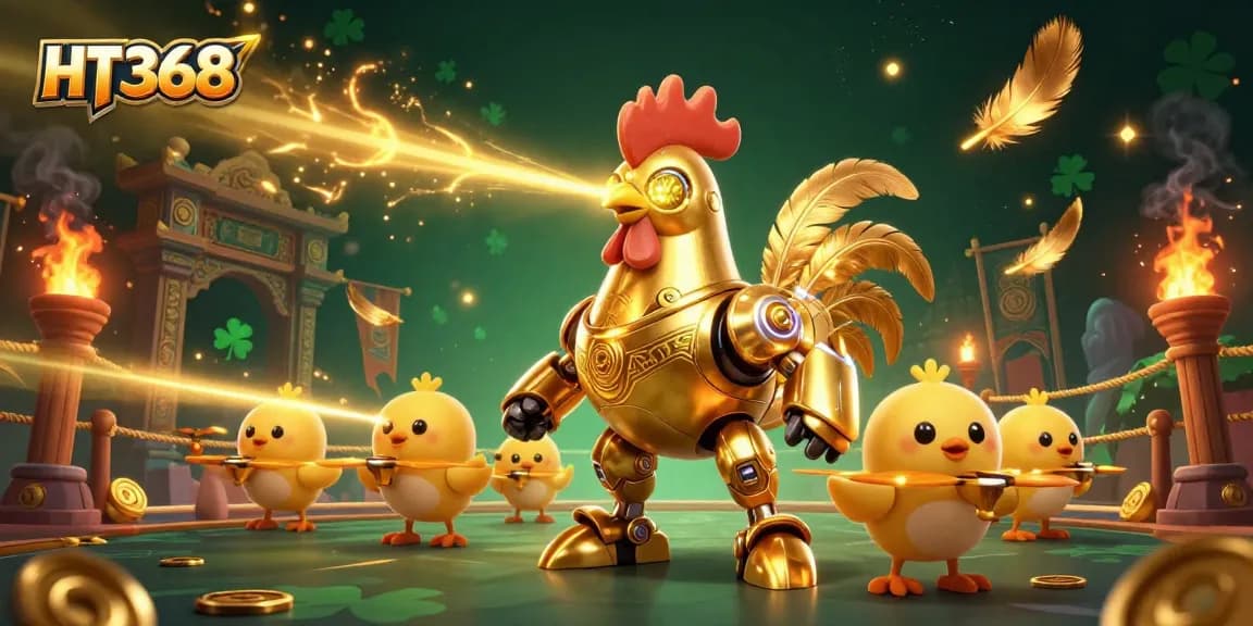 Experience thrilling action at HT368 with a golden rooster robot and baby chick drones in a dynamic casino arena.