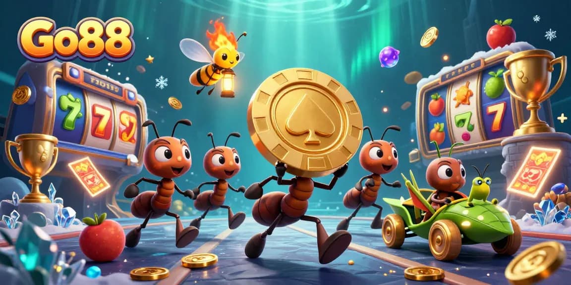 Engage with Go88 as ants carry a giant poker chip through a colorful casino scene.